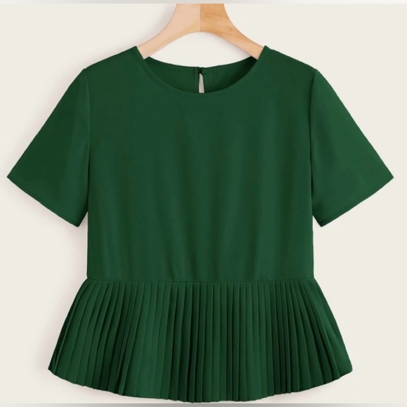 Shein Green Crepe Pleated Peplum Blouse Women’s Size Large Short Sleeve Top - Picture 2 of 7